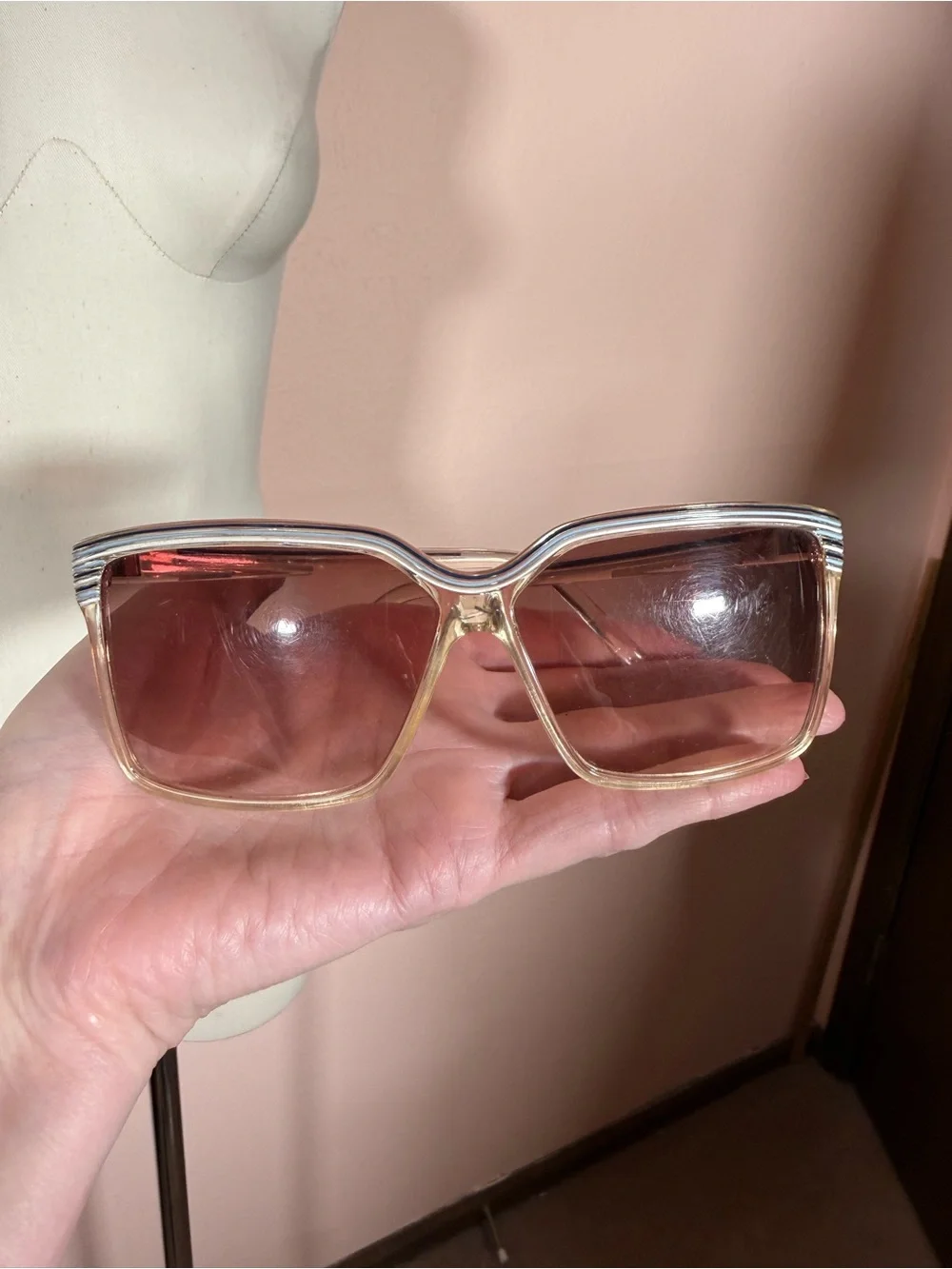 Vintage 1970's Blue white Clear plastic Oversized Grandma Sunglasses
